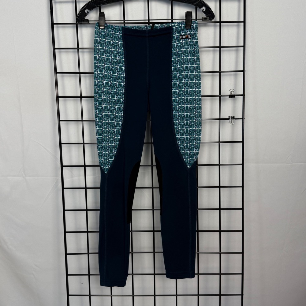 Kerrits Riding Tights Kids Large Teal Geometric Knee Patch Equestrian Leggings